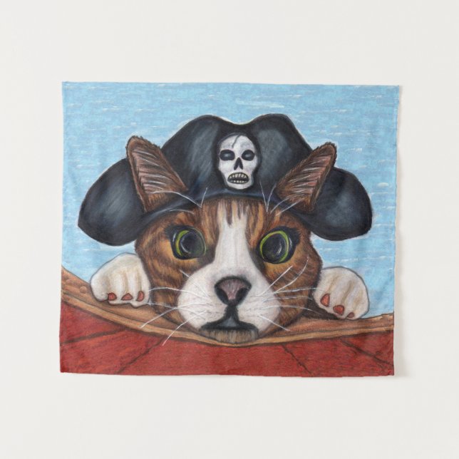 Scared Looking Cute Cat in Black Pirate Hat Boat Tapestry (Front (Horizontal))