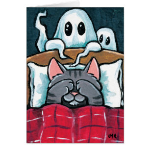 Scared of Ghosts Tabby Cat in Bed Illustration