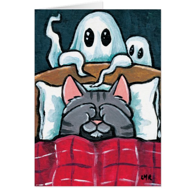Scared of Ghosts Tabby Cat in Bed Illustration (Front)