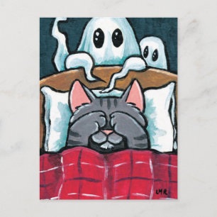 Scared of Ghosts Tabby Cat in Bed Illustration Postcard