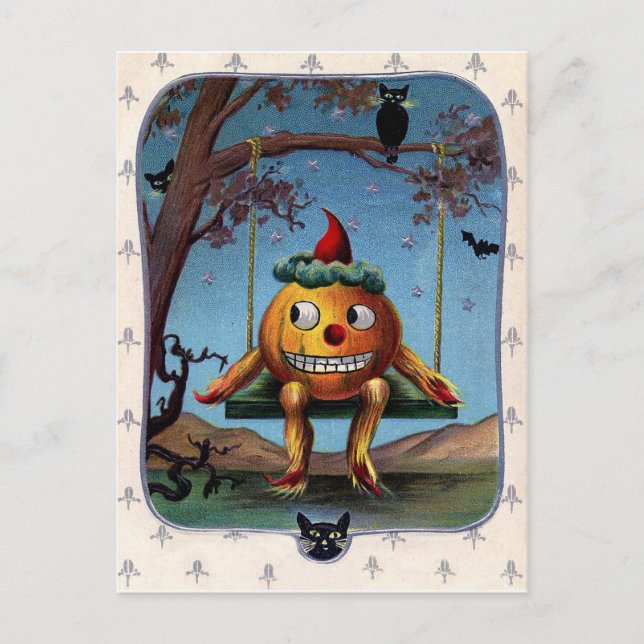 Scared pumpkin on a swing at Halloween night Postcard (Front)