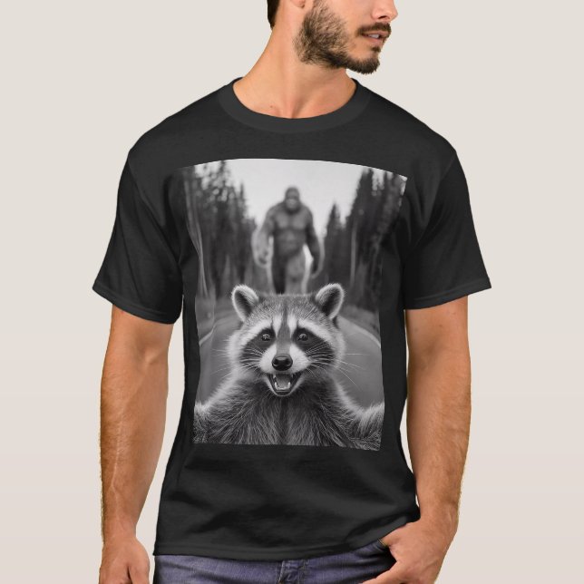 Scared Racoon Selfie With Sasquatch Bigfoot   T-Shirt (Front)
