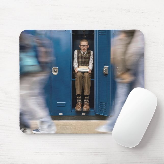 Scared Schoolboy Hiding in a Locker Mouse Mat (With Mouse)
