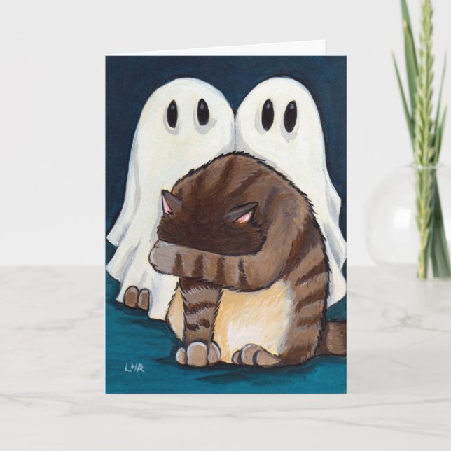 Scared Tabby Cat & Spooky Ghosts | Halloween Card (Front)