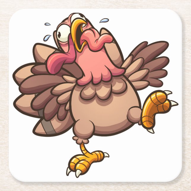 Scared Turkey Running Square Paper Coaster (Front)