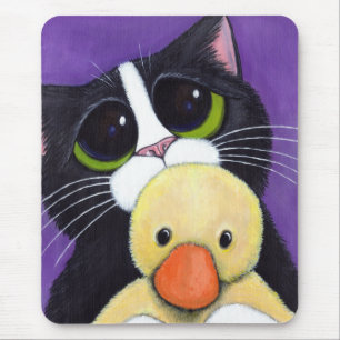 Scared Tuxedo Cat and Cuddly Duck Painting Mouse Mat