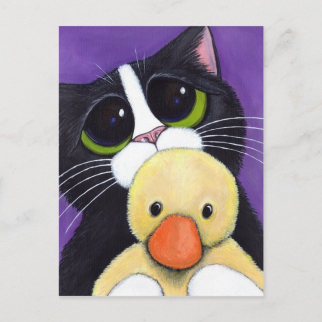 Scared Tuxedo Cat and Cuddly Duck Painting Postcard (Front)