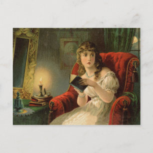 Scared young woman reading a book, vintage holiday postcard