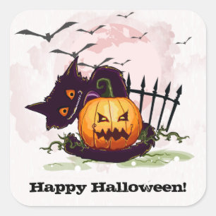 Scaredy Black Cat Happy Halloween Square Sticker