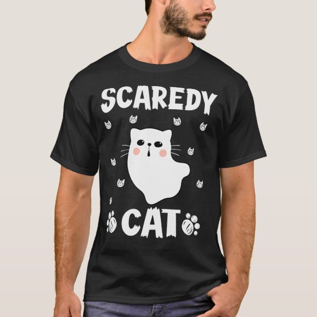 Scaredy Cat Spooky Ghost Kitten Kitty Cat Hallowee T-Shirt (Front)