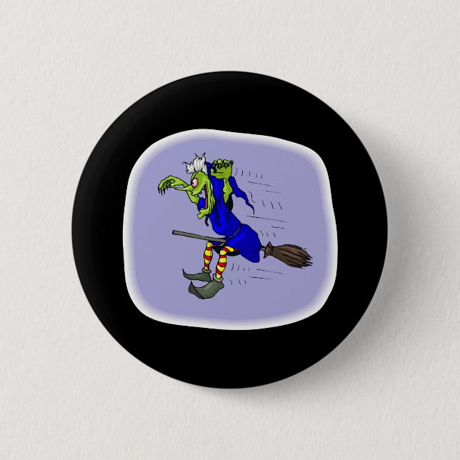 scarey witch on broom 6 cm round badge (Front)