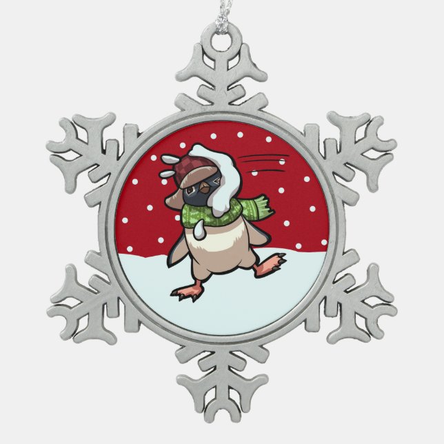 Scarf Penguin Hit By Snowball Christmas Cartoon Snowflake Pewter Christmas Ornament (Front)