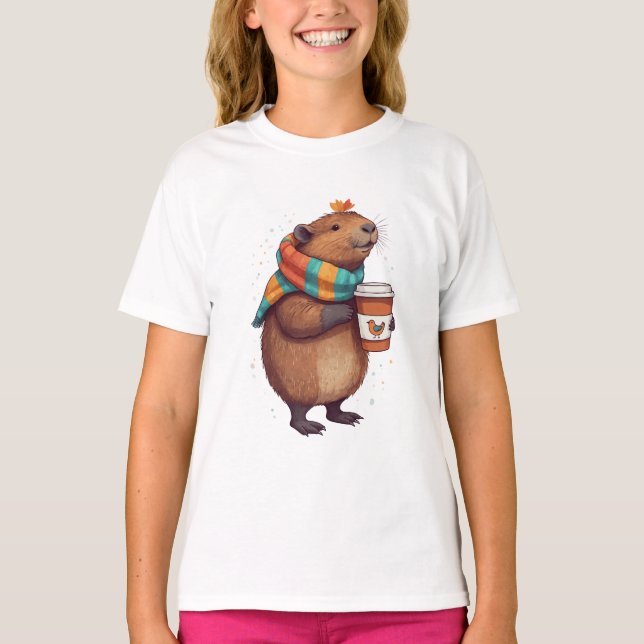 Scarf-Wearing Capybara Sipping Coffee Tee (Front)