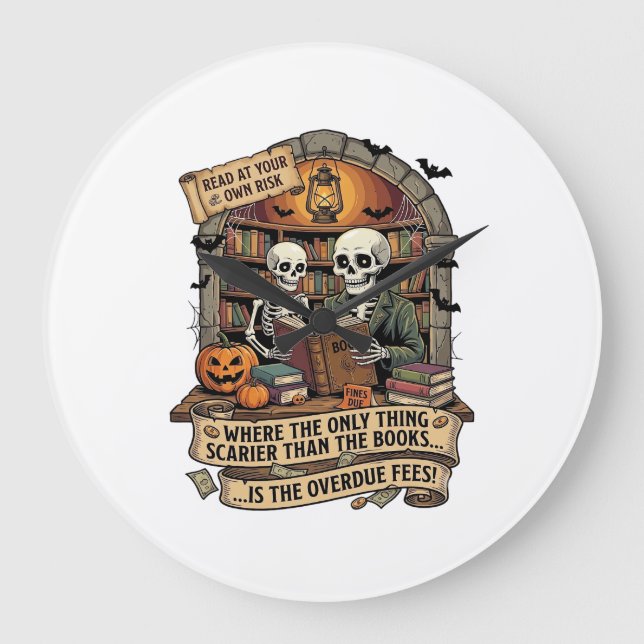 Scarier Than Books Overdue Fees Skeletons Pumpkins Large Clock (Front)