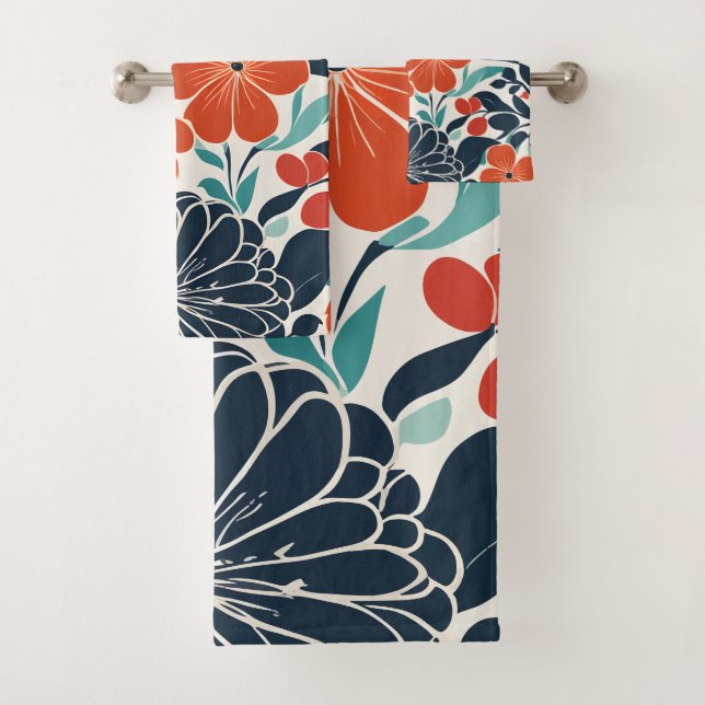 Scarlet and Black Modern Floral Tote Bath Towel Set (Insitu)