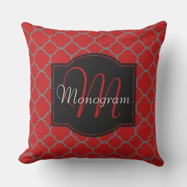 Scarlet and Grey Quatrefoil Design with Monogram Cushion (Front)
