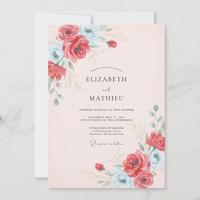 Scarlet Azure Ranunculus Eucalyptus Wedding Invitation (Front)