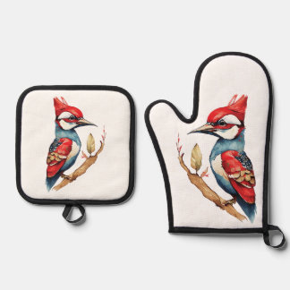 Scarlet Crest Woodpecker Oven Mitt & Pot Holder Set