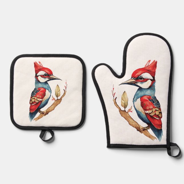 Scarlet Crest Woodpecker Oven Mitt & Pot Holder Set (Front)
