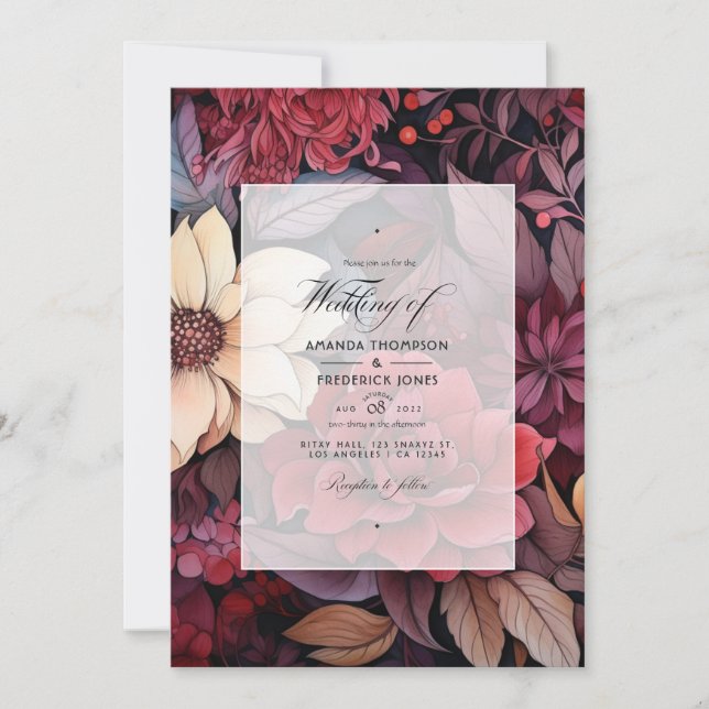 Scarlet, Dark Brown & Deep Burgundy Floral Wedding Invitation (Front)