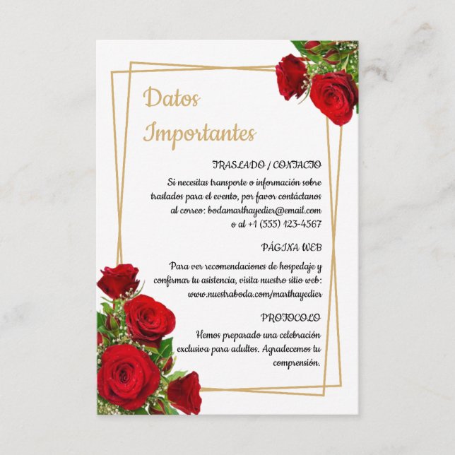 Scarlet Details Information Spanish Wedding Enclosure Card (Front)