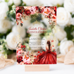 Scarlet Elegance Gold Enchanted Floral Quinceanera Acrylic Invitations