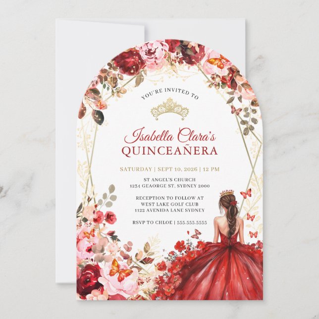 Scarlet Elegance Gold Enchanted Floral Quinceanera Invitation (Front)