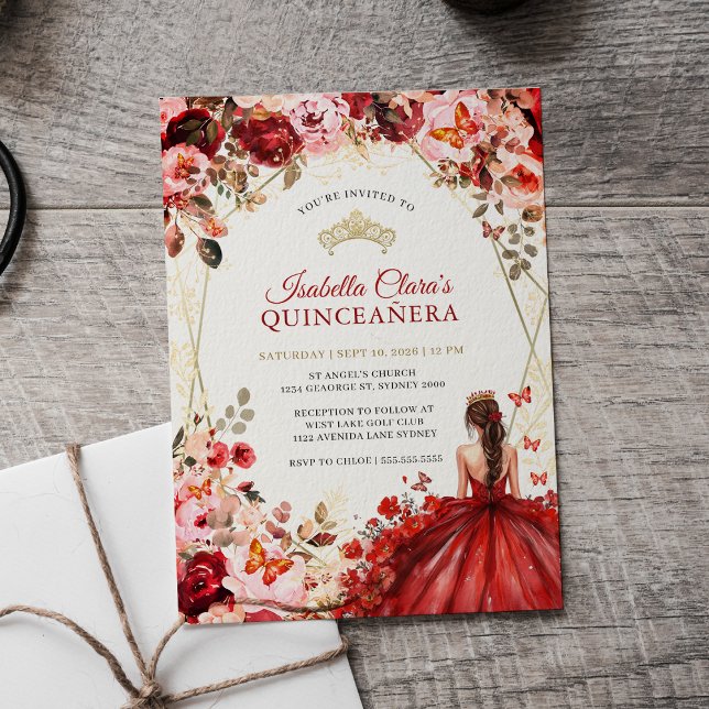 Scarlet Elegance Gold Enchanted Floral Quinceanera Invitation (Creator Uploaded)