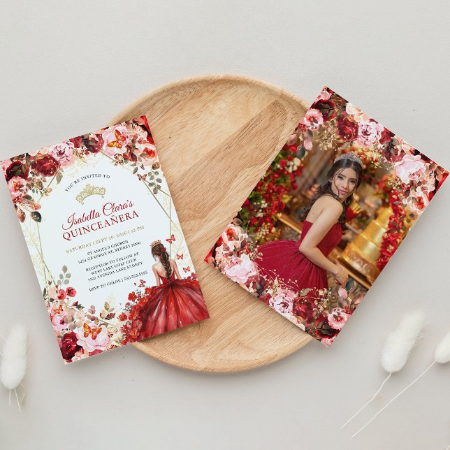 Scarlet Elegance Gold Enchanted Floral Quinceanera Invitation (Creator Uploaded)