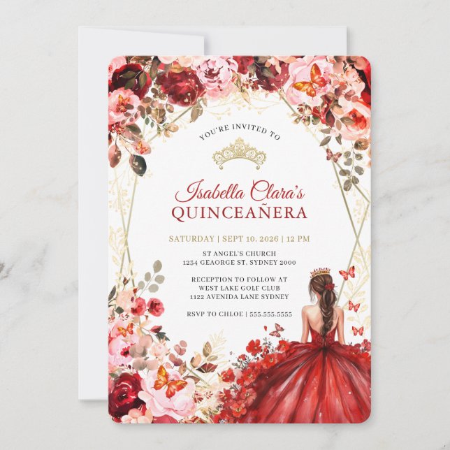 Scarlet Elegance Gold Enchanted Floral Quinceanera Invitation (Front)