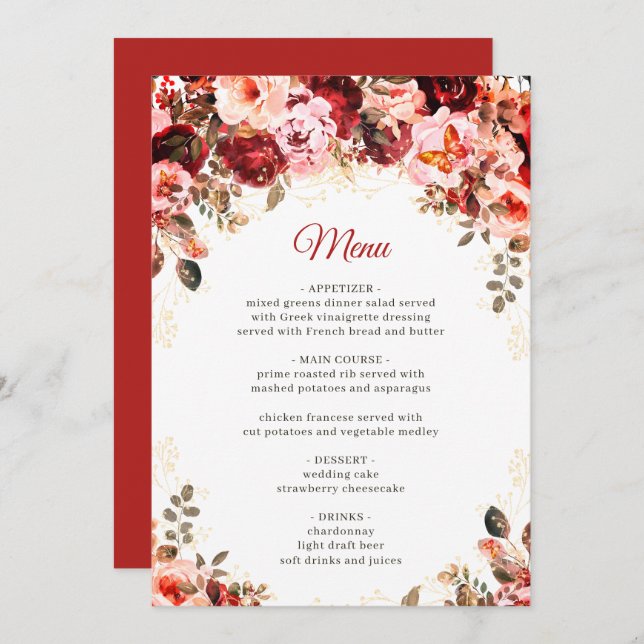 Scarlet Elegance Gold Floral Quinceañera Birthday Menu (Front/Back)