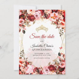 Scarlet Enchanted Floral Gold Princess Quinceanera Announcement