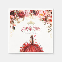 Scarlet Enchanted Floral Gold Princess Quinceanera Napkin