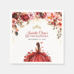 Scarlet Enchanted Floral Gold Princess Quinceanera Napkin