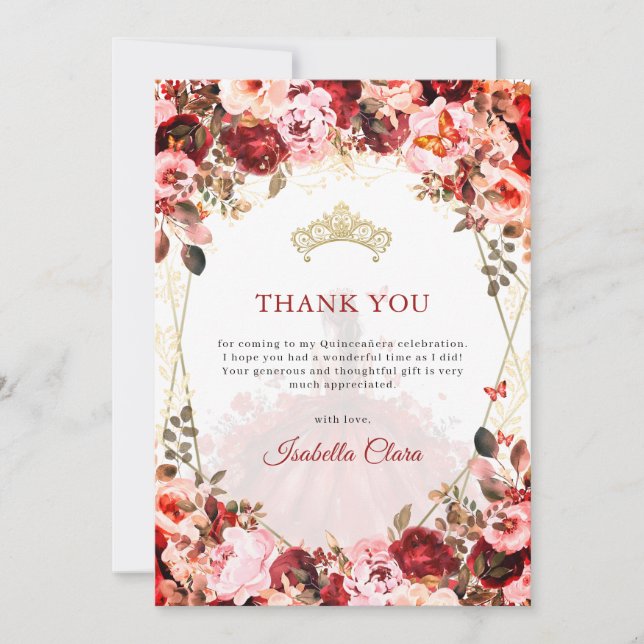 Scarlet Enchanted Floral Gold Princess Quinceanera Thank You Card (Front)