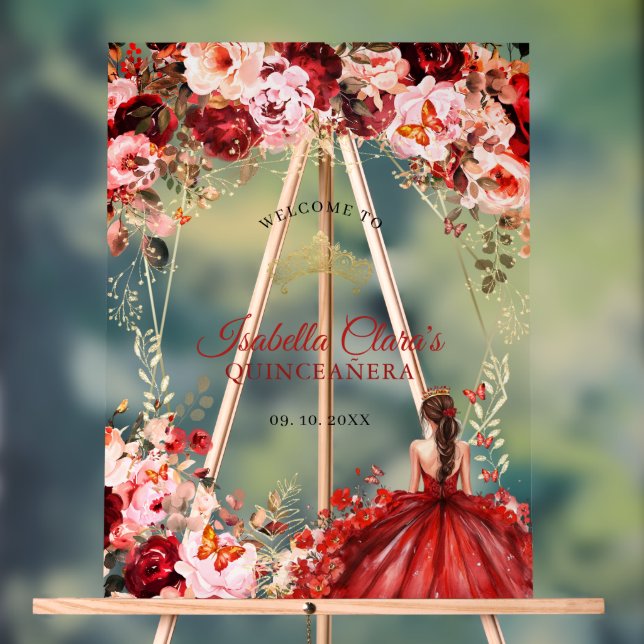 Scarlet Enchanted Floral Gold Quinceanera Welcome Acrylic Sign (Neutral)
