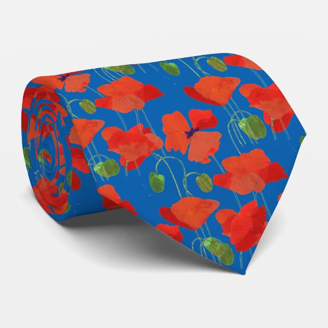 Scarlet Field Poppies Floral Pattern on Royal Blue Tie (Rolled)