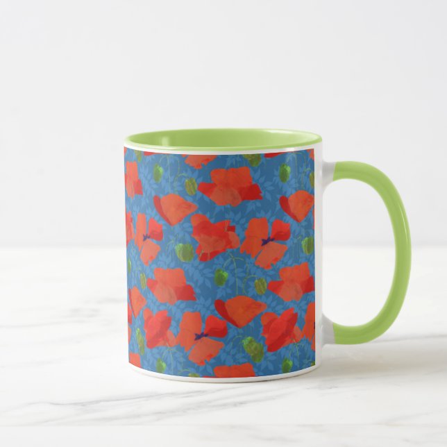 Scarlet Field Poppies on Blue Pattern Mug (Right)