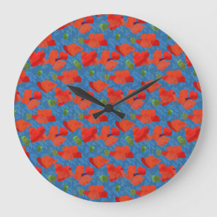 Scarlet Field Poppies on Blue Round Wall Clock