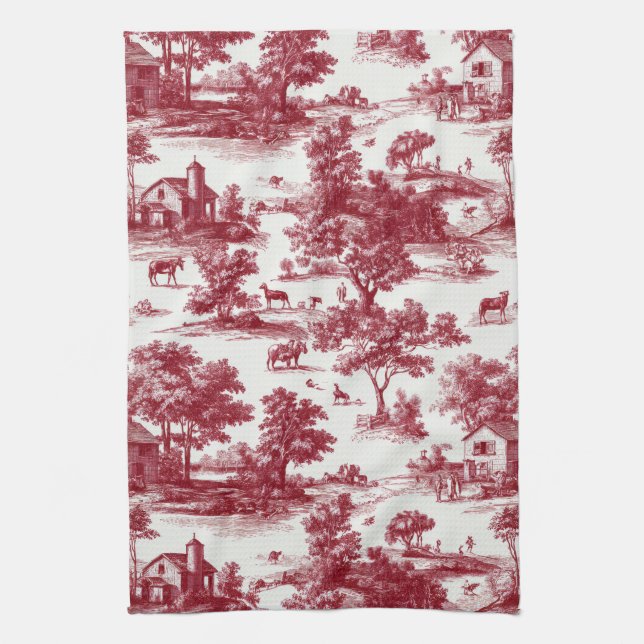 Scarlet French Country Toile Pattern Tea Towel (Vertical)