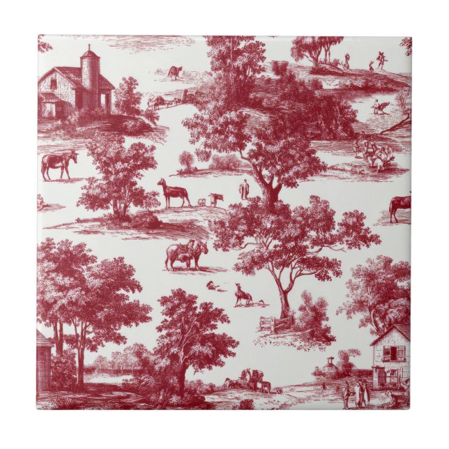 Scarlet French Country Toile Pattern Tile (Front)