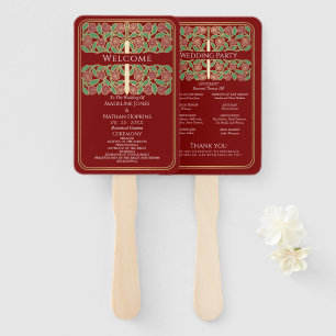 Scarlet Gold Floral Sword Royal Wedding Program Hand Fan