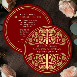 Scarlet Gold Sword Royal Wedding Rehearsal Invitation