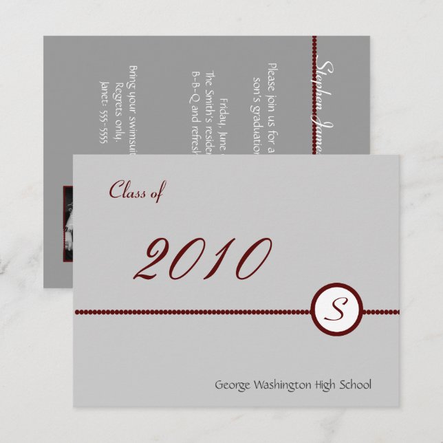 Scarlet & Grey Monogram Photo Invitation (Front/Back)