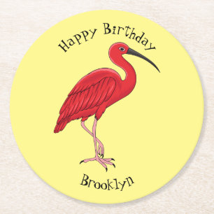 Scarlet ibis bird cartoon illustration  round paper coaster