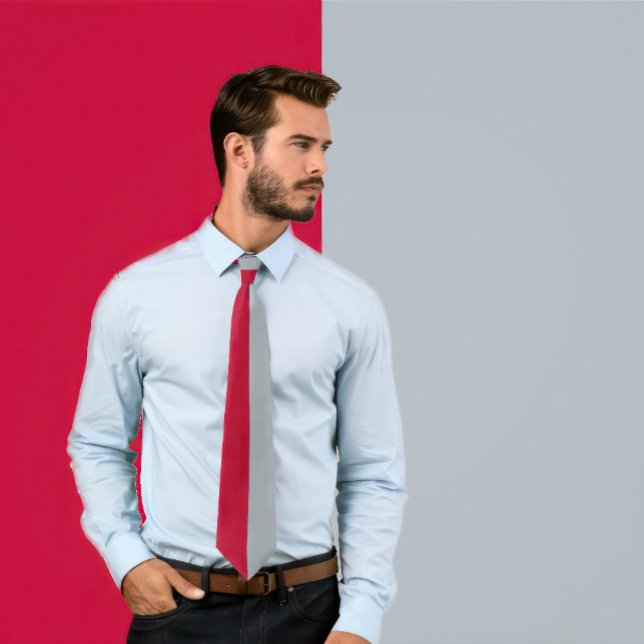 Scarlet & Light Grey Split Colour Tie (Man wears a Scarlet & Light Gray Split Color Neck Tie)