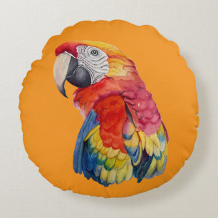 Scarlet Macaw – Expressive Watercolor Bird Art Round Cushion