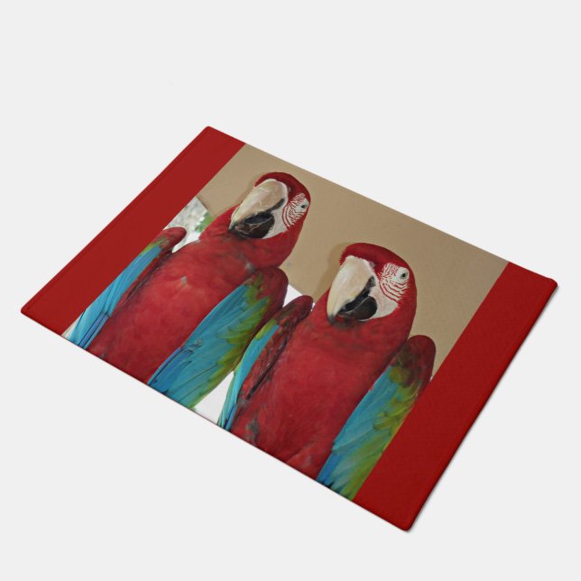 Scarlet Macaw Pair Tropical Welcome Artwork Doormat (Angled)