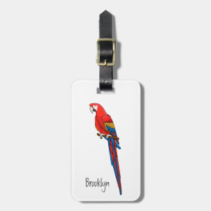 Scarlet macaw parrot cartoon illustration luggage tag