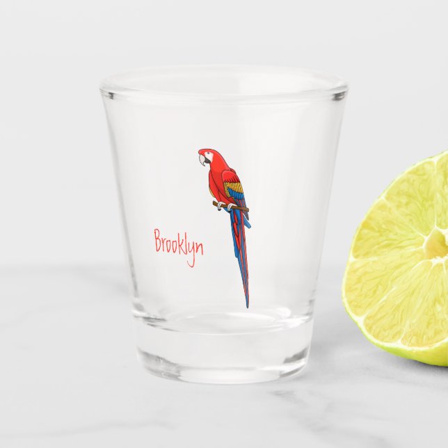 Scarlet macaw parrot cartoon illustration shot glass (Front)